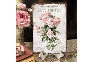 YOYI ART French Rose Decor Shabby Chic Decor Metal Tin Sign, Victorian Cottage Decor Rose Wall Decor, 12x 8 Inches Vintage Metal Sign Flower Wall Decor Rose Garden Sign Farmhouse Wall Decor