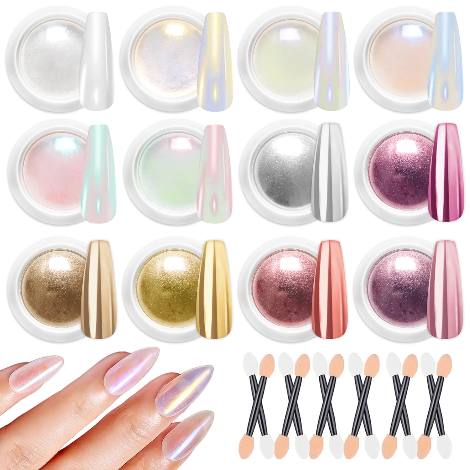 BISHENGYF 12Pcs Chrome Nail Powder - Metallic Mirror Effect & Pearl & Aurora Iridescent Pearlescent Nail Chrome Powder for Gel Nails DIY Manicure Nail Art Design Decoration Gift for Women