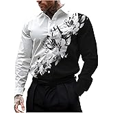 VIPWOLF Men's Floral Print Button Down Shirts Long Sleeve Colorblock Collared Shirt Tops