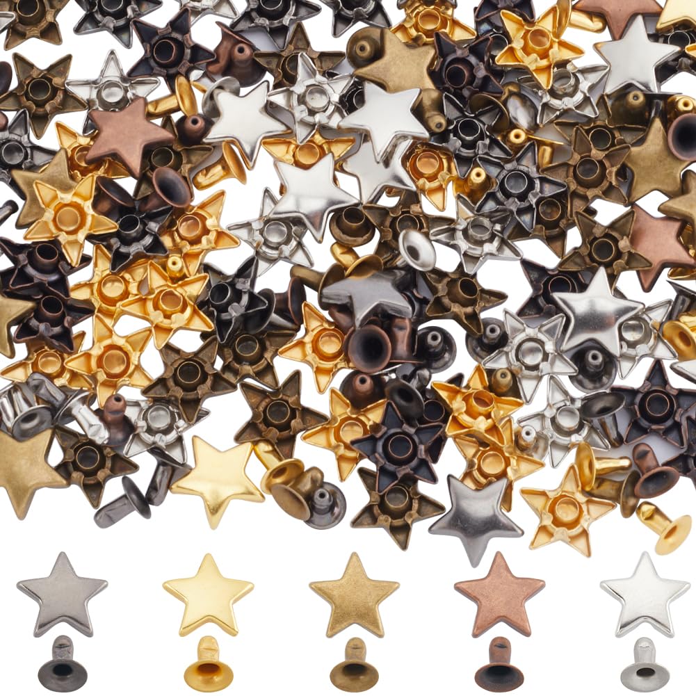 GORGECRAFT 1 Box 200 Sets Star Rivets 12mm Metal Leather Tacks Studs and Spikes Five-Pointed Flat Pentagram Decorative Punk Rivets for Clothes Bags Belts Shoes Jackets Leathercrafts Gold Silver