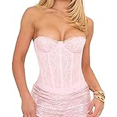 Faretumiya Women Floral Lace Corset Top Strapless Lace Up Bustier Tube Top Mesh Boned Corset Overbust Tops