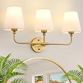 Bathroom Light Fixtures, 3-Light Brushed Gold Vanity Lights, 24.5" Bathroom Lighting Fixtures Over Mirror with Flared White F