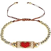 Agriajun Valentines Day Gold Beaded Heart Adjustable Friendship Bracelet for Women, Handmade Boho Colorful Seed Beads Cute Stacking Bracelets Charm Jewelry Gift