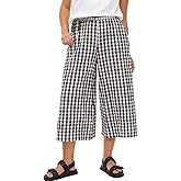 Flygo Women’s Wide Leg Gingham Capri Pants Cotton Elastic Waisted Plaid Palazzo Bottoms Flowy Trousers with Pockets