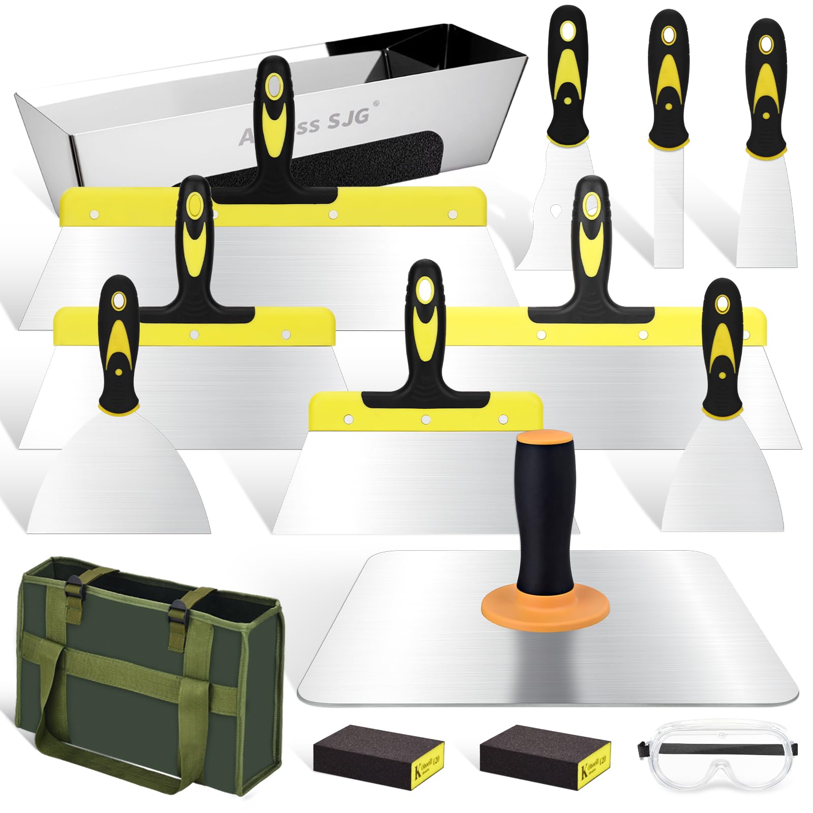 Photo 1 of 15-Piece Professional Drywall Tool Kit - 14PCS Stainless Steel Drywall Knife Set with 12" Aluminum Hawk, 14" Mud Pan, Oxford Carry Bag & Sanding Block, Complete Spackle Tools for Home & Contractor