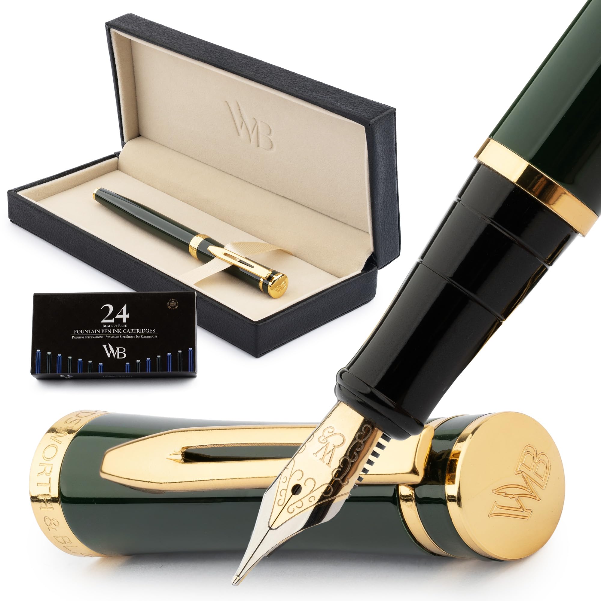 Wordsworth & Black Fountain Pen Set, Medium Nib, Includes 24 Ink Cartridges and Ink Refill Converter, Gift Case, Journaling, Calligraphy, Smooth Writing Pens [Racing Green], Perfect for Men and Women