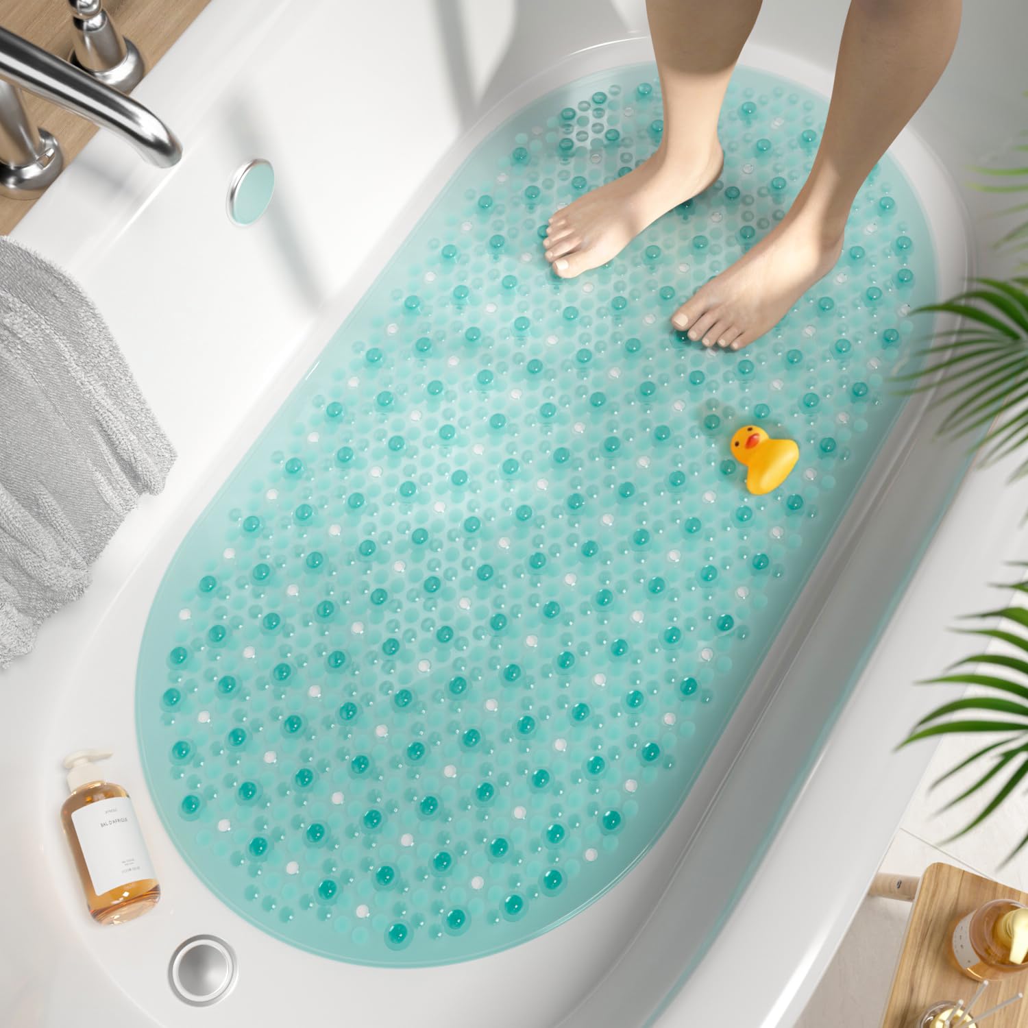 HITSLAM Oval Bath Mat Non Slip Anti Mould, 68 x 38 CM Anti Slip Shower Mat for Bathroom, Machine Washable Bubble Bathtub mat with Suction Cups and Drain Holes, Soft on Feet, Green
