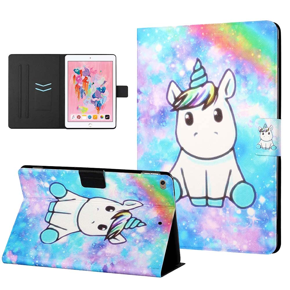 CasaFuny Case for iPad Air 2/Air 1/iPad 9.7 Inch 2018/2017 (6th/5th Generation), Protective Case with Pocket Cover Case Cover with Auto Sleep/Wake Function, Unicorn