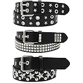 WQYILEAER Black Studded Belt, 3 Pcs Y2K Belt Star Goth EMO Punk Rock Double Grommet with Bright Pyramid Studded for Women Men
