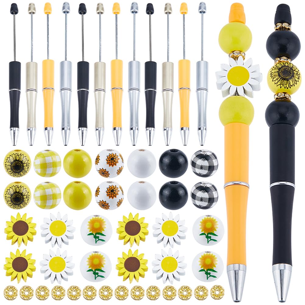 SUNNYCLUE DIY 12 Set Beadable Pens with Sunflower Focal Beads, Flower Printed Wood Beads, Black Ink Ballpoint Pens for Thanksgiving Day, Women, Teacher, Nurse