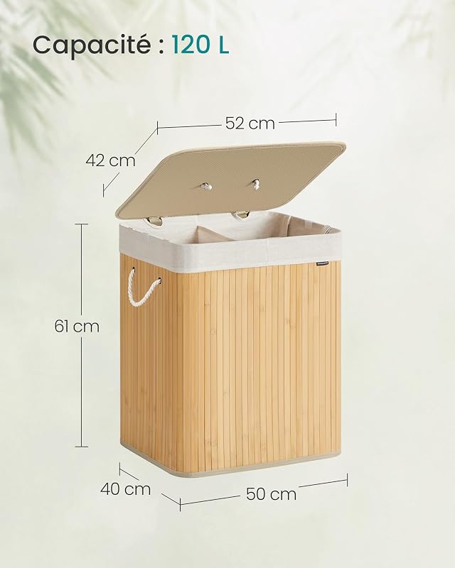 Panier à Linge avec Couvercle, 120 L, en Bambou, Pliable