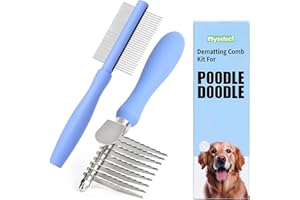 Myselect Dematting Comb for Doodles & Poodles, Dual-Sided Comb Tool for Long Curly Haired Dogs, Grooming Brush Kit for Removing Mats and Tangles, Stainless Steel, Beech Wood