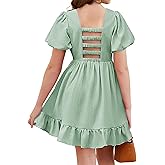 Arshiner Girls Summer Cut-Out Back A-Line Dress Puff Sleeves Square Neckline Flounce Hem Dresses