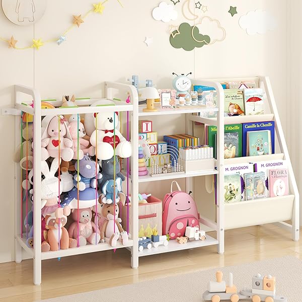 CYXPHION B1 KIDS BOOKSHELF AND TOY STORAGE, 3-TIER BOOK SHELF FOR KIDS ROOMS, SLING BABY BOOKCASE WITH STUFFED ANIMAL STORAGE, MONTESSORI TODDLER BOOKSHELF FOR NURSERY, BEDROOM, PLAYROOM, WHITE