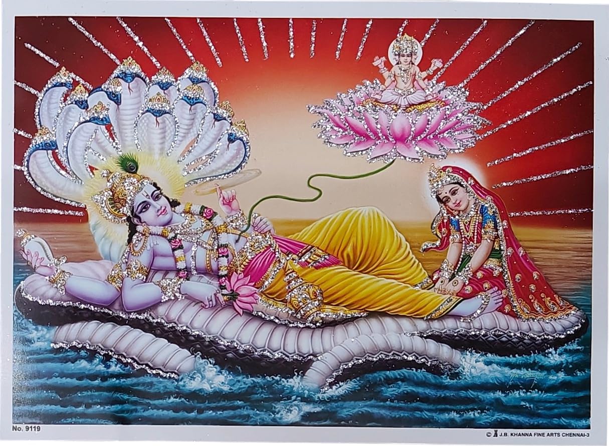 Rastogi Handicraft India Best Of Reprint Hindu God Poster/Picture With Unframed (White Paper, Laxmi-Narayan-SheshaNag-7"X5")
