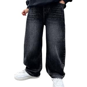 Boys Baggy Jeans Straight Leg Elastic Waist Cargo Denim Pants with Pockets | Soft, Stretch, Loose Fit, Wide Leg, Pull On, Vin