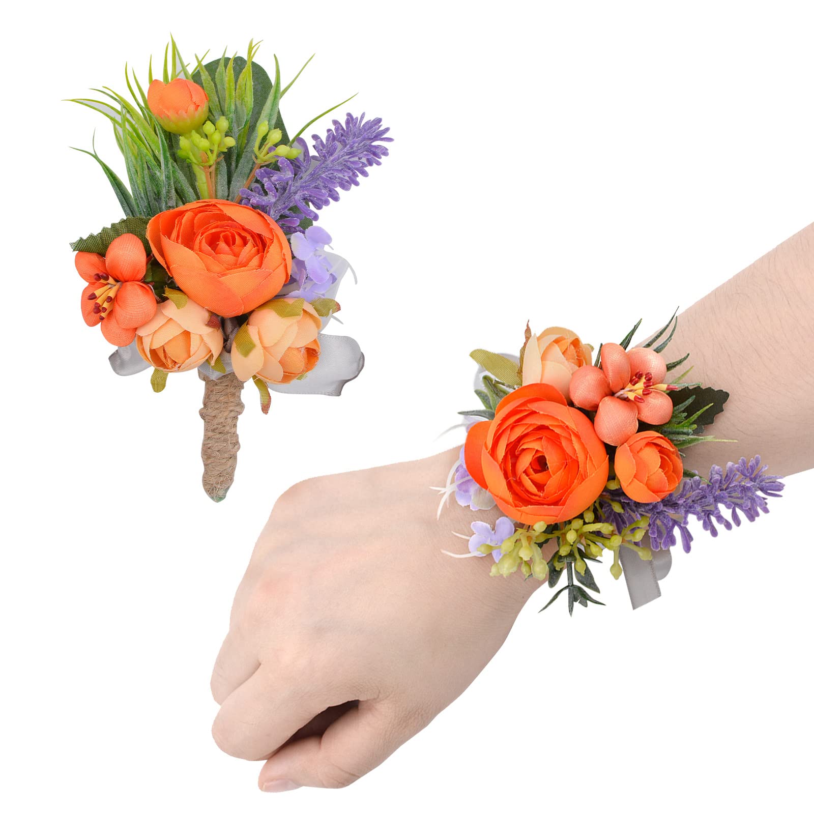 URROMA Corsage and Boutonniere Set, 1 Set Artificial Flower Wrist Corsage and Boutonniere for Bride Bridesmaid Groom Groomsman Prom Suit Wedding Decorations, Orange