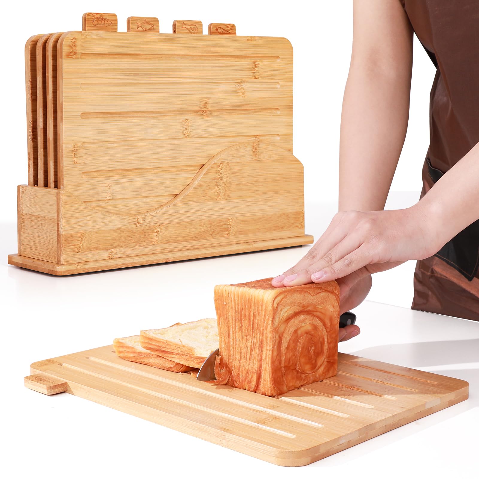 Photo 1 of Fanwer Bamboo Cutting Board, Set of 4 with Storage Stand, Chopping Board Set with Food Icons, Preventing Cross-contamination of Different Food Types