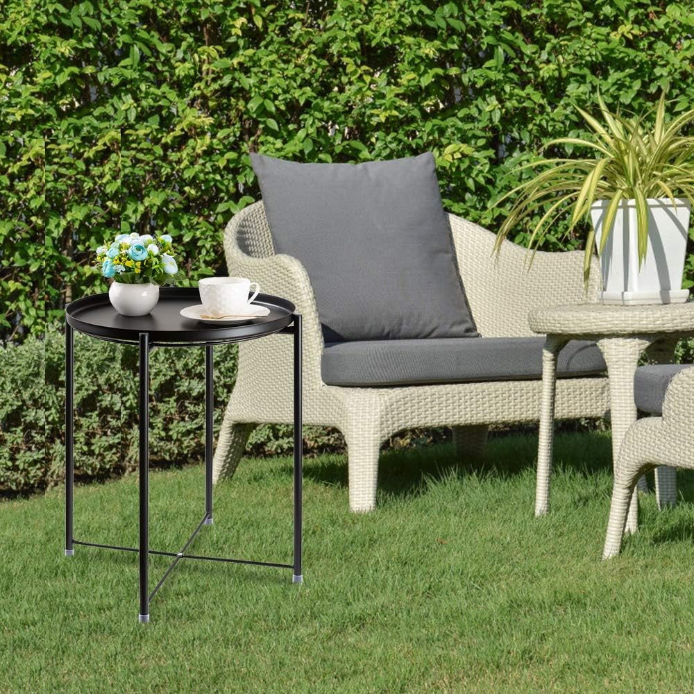 danpinera End Table, Side Table Metal Waterproof Small Coffee Table Sofa Side Table with Round Removable Tray for Living Room Bedroom Balcony and Office (Black): Kitchen & Dining