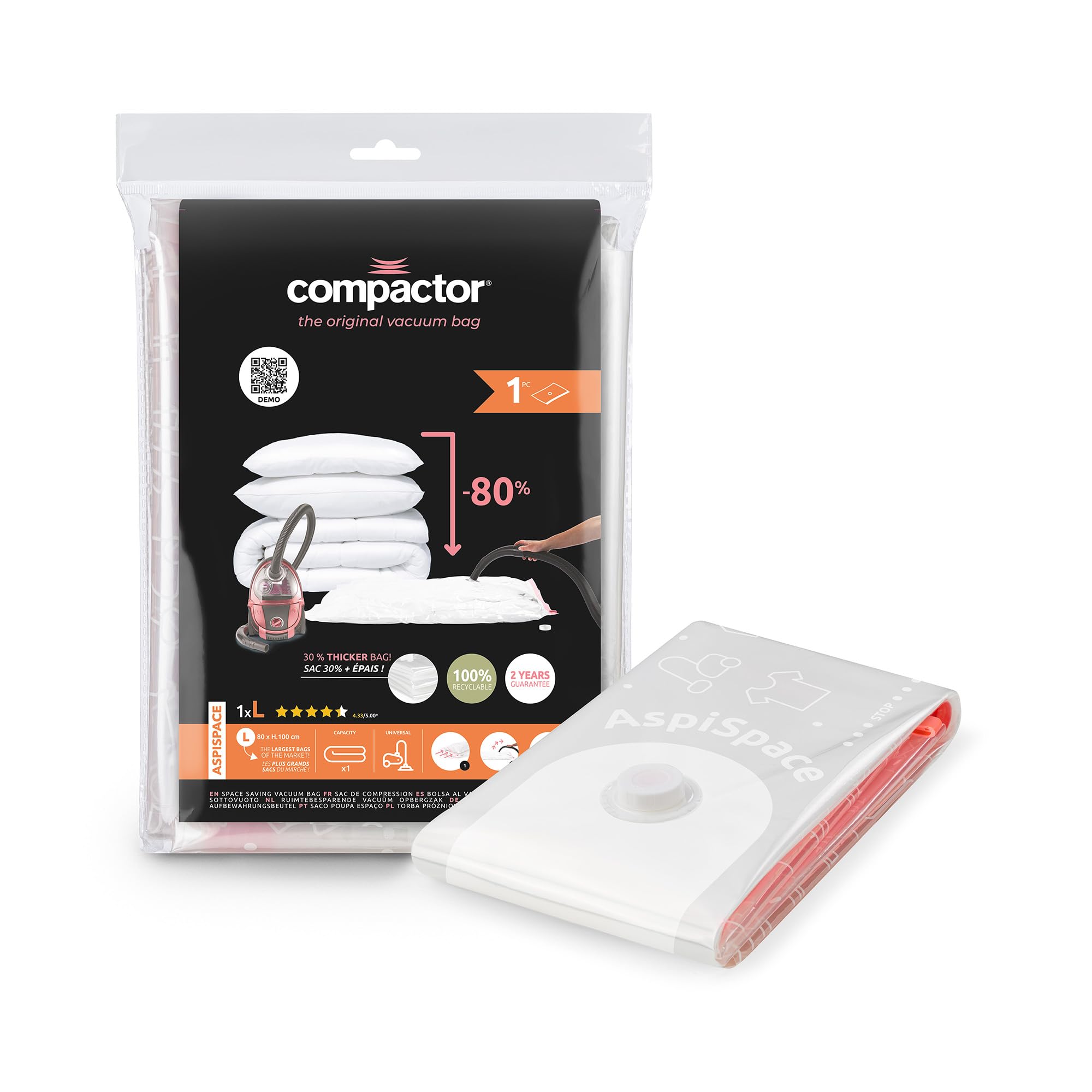 Compactor Aspispace Vacuum Compression Bag - Large, 80X100 cm, Transparent, Reusable, Space-Saving Solution