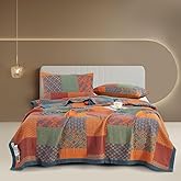 Purefair 100% Cotton Muslin Blanket Jacquard Rustic Orange Bohemian Plaid Patchwork Floral Quilt, Soft Bed Cover 3 Layers Gauzy Reversible Bedspread Coverlet Full/Queen(78"x94"), No Pillow Sham