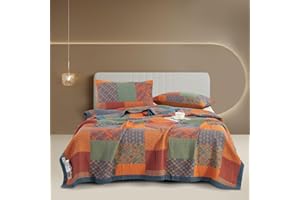 Purefair 100% Cotton Muslin Blanket Jacquard Rustic Orange Bohemian Plaid Patchwork Floral Quilt, Soft Bed Cover 3 Layers Gauzy Reversible Bedspread Coverlet Full/Queen(78"x94"), No Pillow Sham