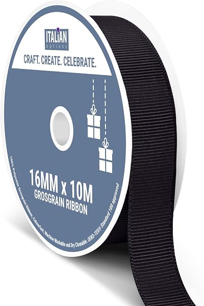 Italian Options 16mm Grosgrain Ribbon Black 10m Roll for Gifts Crafts