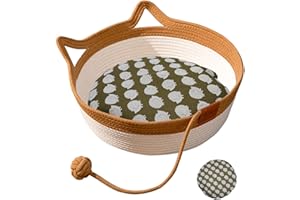 Panbo Hand Woven Cat Bed with Toy Tail, Kitten Shaped House Natural Cotton Linen Cat Scratch Pad, Breathable and Odorless Indoor Puppy Bed Mat - Brown M with Cushion Pad