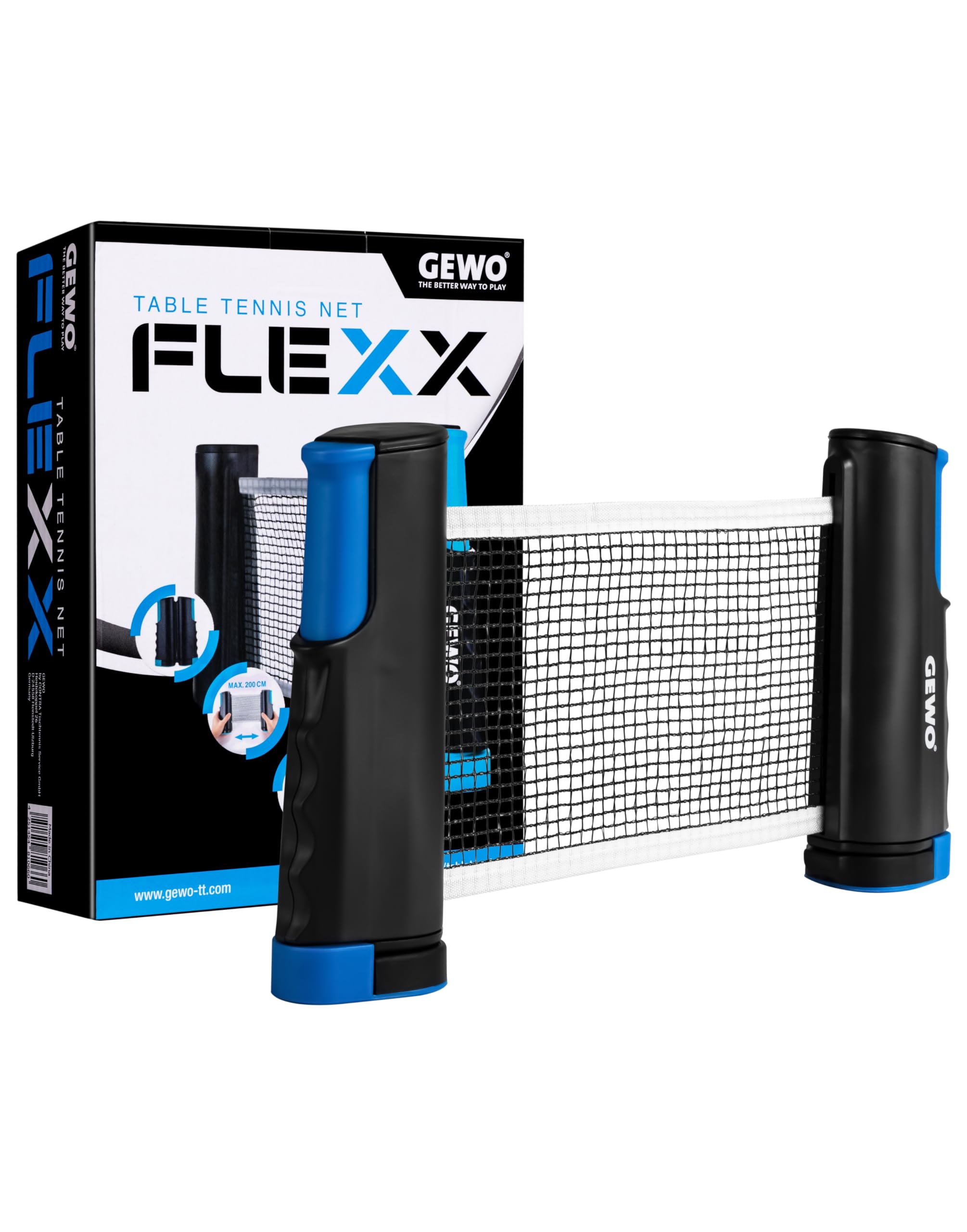 GEWO Table Tennis Net FleXX - Adjustable Anti Slip Clamps - Extendable Up to 2m - Net Height 15.25cm