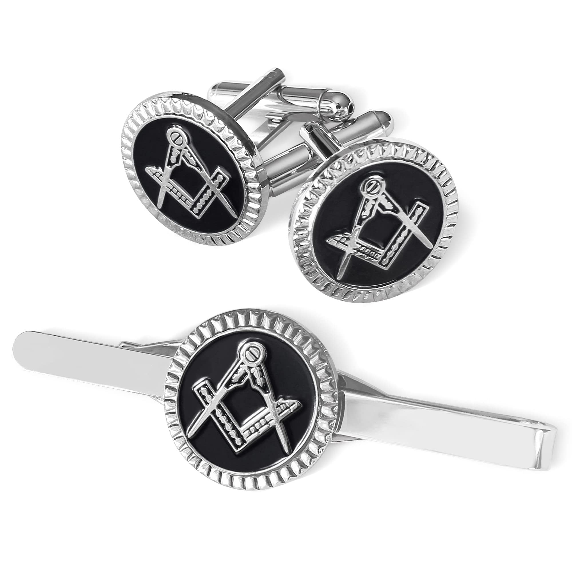 THE MASONIC COLLECTION - Square & Compass Cufflinks and Tieslide Set for Men - Silver Plated - Comes in Velvet Pouch/Gift Box - Freemason Gift For Men