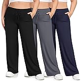 HLTPRO 3 Pack Lounge Pants Women Plus Size Wide Leg Pants Woman with Pockets Casual Pajama Palazzo Black Pant for Yoga