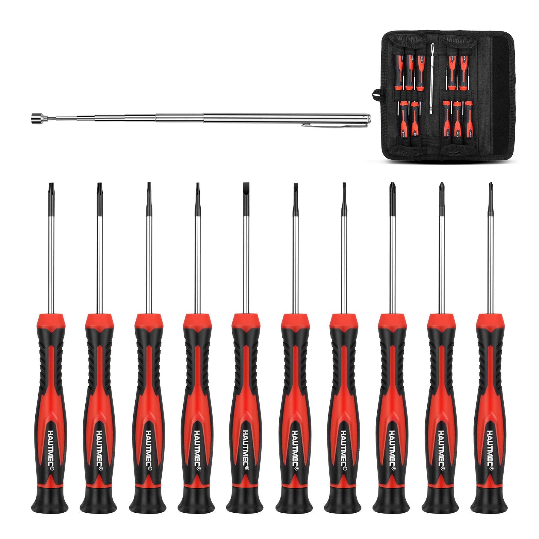 HAUTMEC 11-PCS Precision Screwdriver Set with Telescoping Magnetic Pickup Tool, Phillips, Flat, Torx, Pouch, CRV Steel Shaft Magnetic Small Screwdriver Set for Eyeglass, Watch, Laptop, Phone