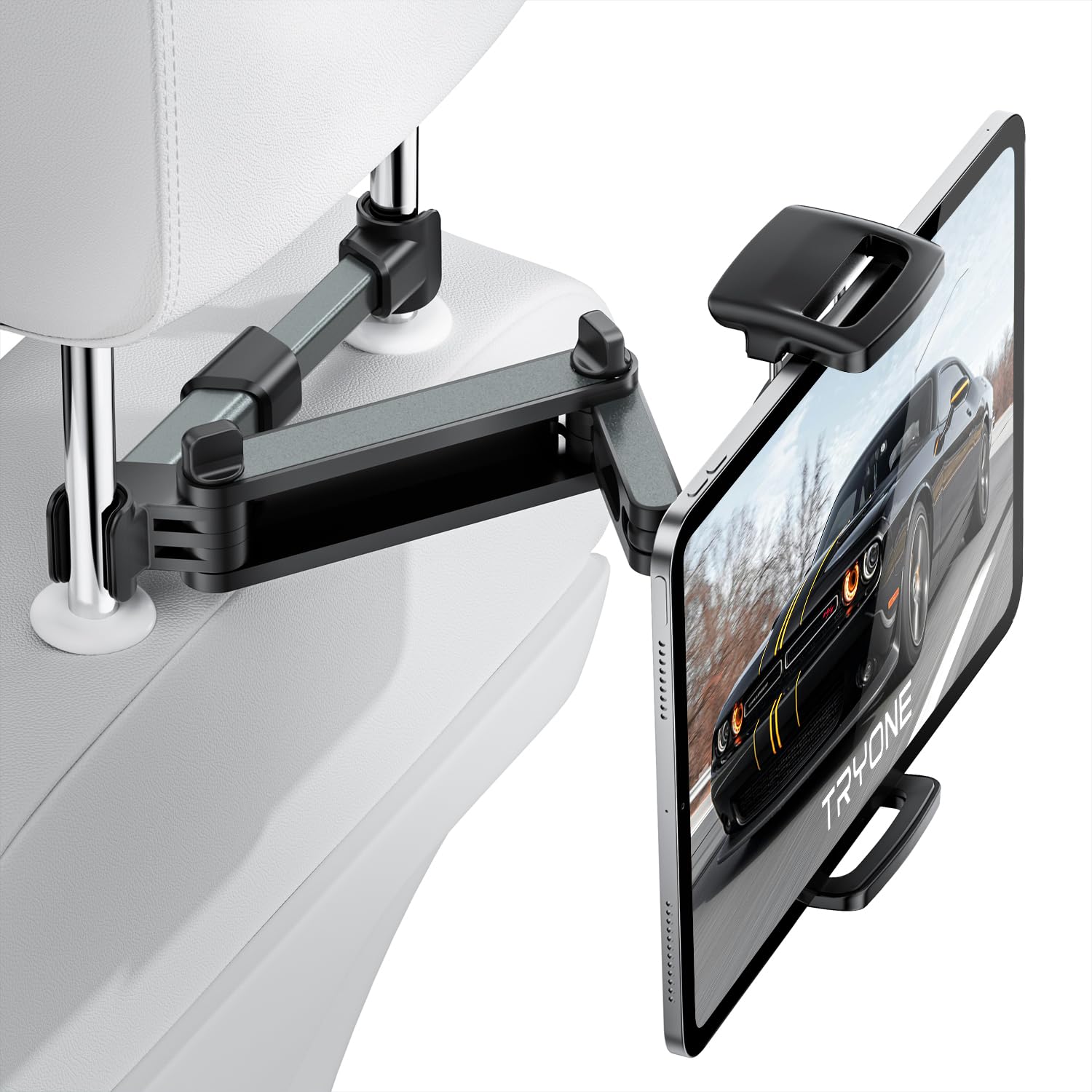 TRYONE Car Headrest Tablet Holder Mount Stretchable Backseat Tablets Stand for Kids, Car Seat Mounts Compatible with iPad Pro 12.9 Air Mini, iPhone, Galaxy Tab, Switch, All 4.7-12.9" Screen Devices