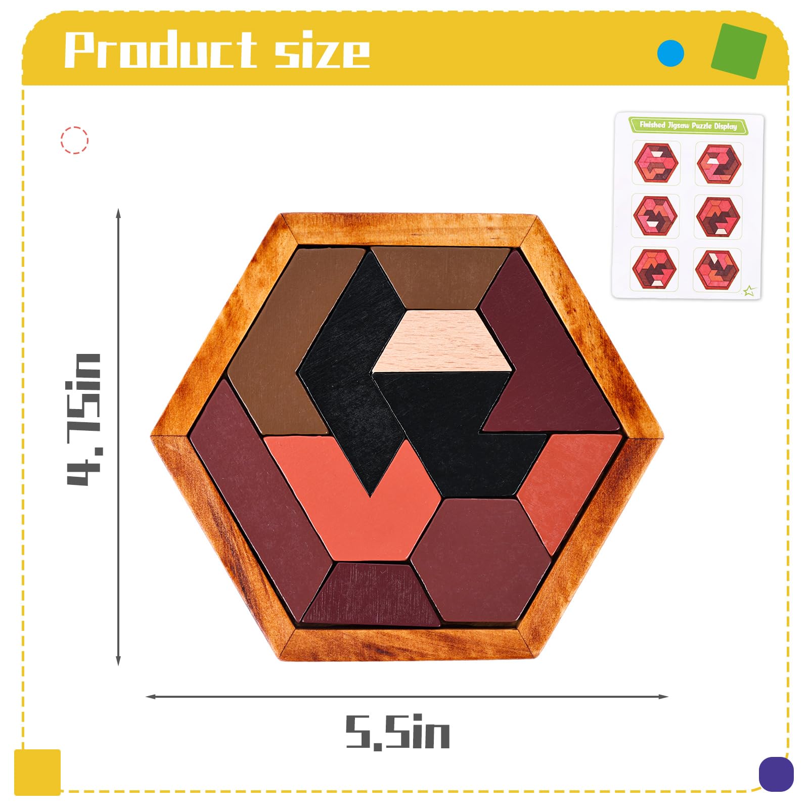 3 otters Hexagon Tangram Puzzle, Wooden Brain Puzzles Challenging Wooden Brain Teasers Puzzle Games Brain Games for Kids Family Party Gift