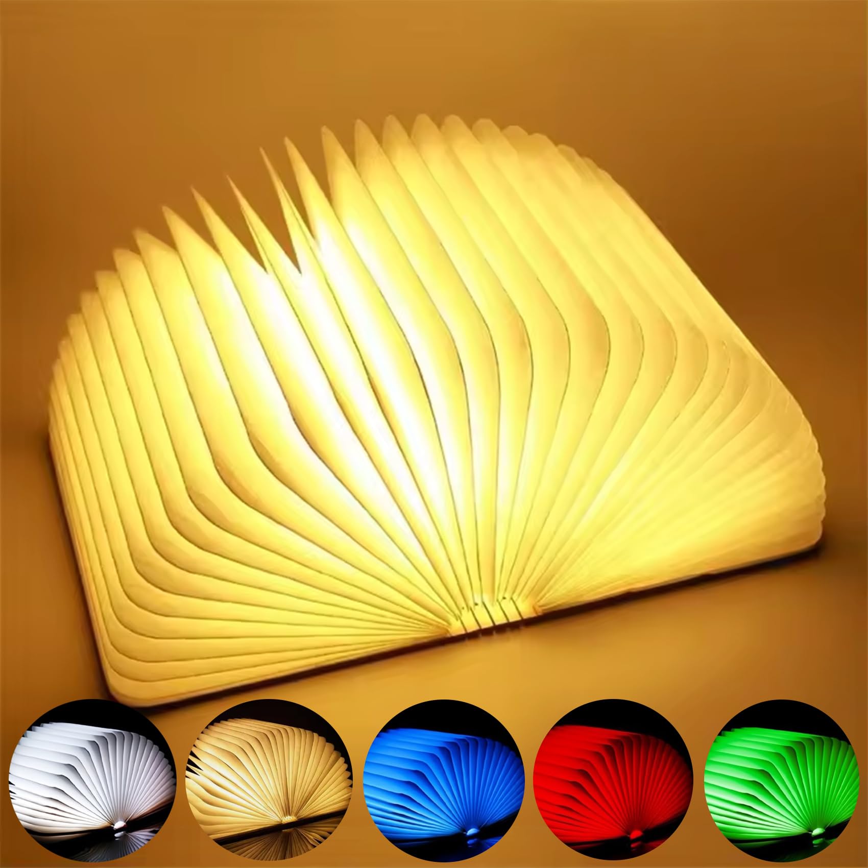 SHUBEIEUMI LED Book Light, Wooden Book Lamp, 5 Color Folding Book Light USB Rechargeable Book Reading Lamp with Charging Cable for Home, Office, Library Decor (12 * 9 * 2.5cm)