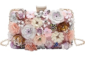 lapulio Floral Evening Bag for Women Beaded Clutch Purse with Sequins & Rhinestone Wedding Party Handbag with Chains