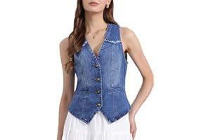 Allegra K Denim Vest for Women's Sleeveless V Neck Washed Distressed Y2K Jean Waistcoat Jacket