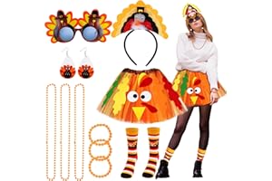 Hicarer 19 Pcs Thanksgiving Turkey Costumes Tutu Skirt Turkey Headband Glasses Socks Earring for Women Kid Autumn Fall Outfit