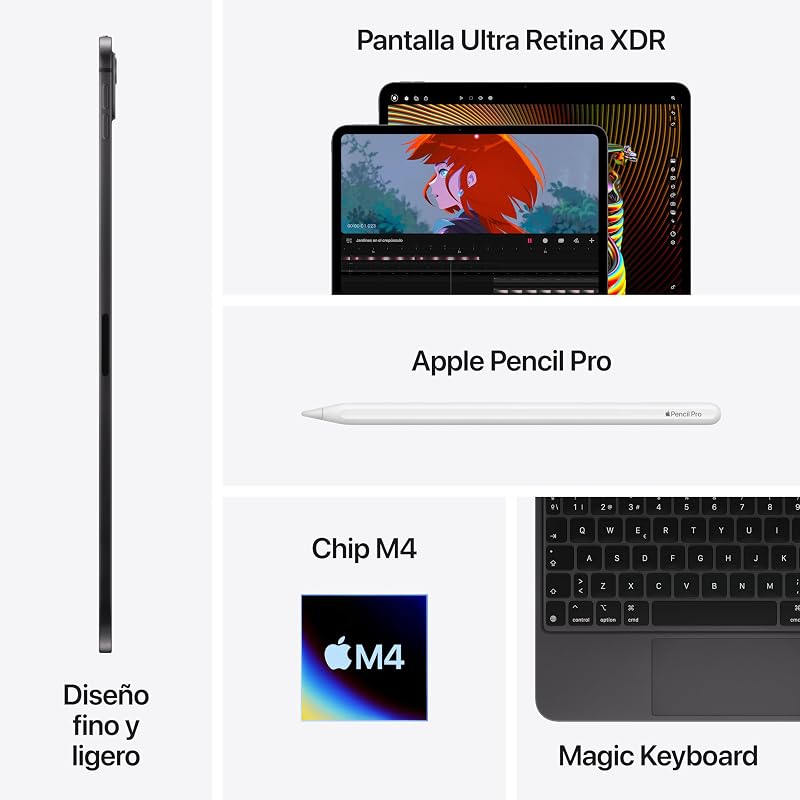 iPad Pro de 13 Pulgadas (M4): Ultra Retina XDR, 2 TB, cámara Frontal de 12 Mpx en Horizontal y Trasera de 12 Mpx, Wi Fi 6E, autonomía de Sol a Sol, Vidrio nanotexturizado - Negro Espacial