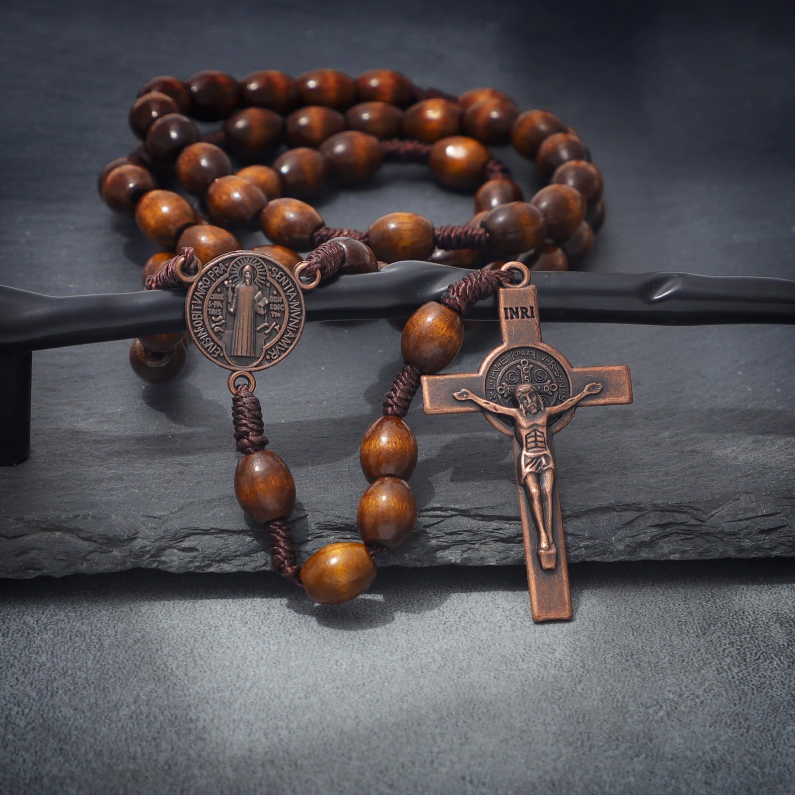 KOMI Handmade Wooden Catholic Rosaries, Rosary Beads Necklace From Bethlehem Wood Christian Prayer Holy Soil Medal & Metal Cross For Catholic Or Christian Gift
