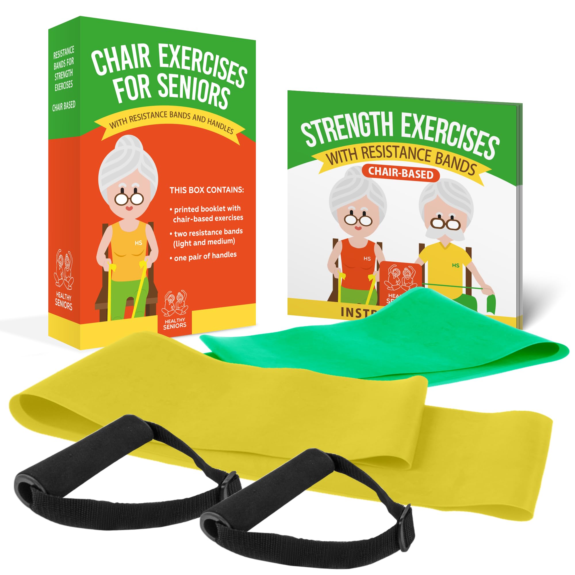 Chair Exercise Program with Two Resistance Bands, Handles and Printed Exercise Guide. Suitable for Rehab or Physical Therapy. Thoughtful Gift for Grandma or Grandpa