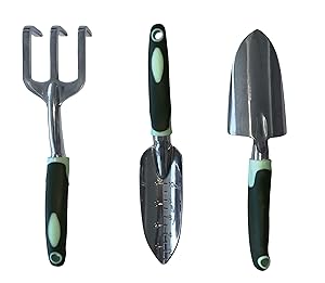 Typhon East Garden Tool Set (3 Piece) | Stainless Steel Gardening Kit | Includes Trowel, Transplant Trowel & Hand Rake | Rubberized Handles | Great Gardener Gift Idea Women Men