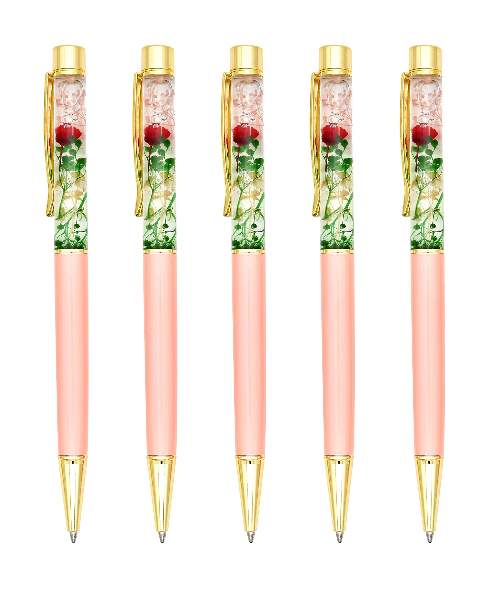 Gullor 5 Pieces Liquid Floral Ballpoint Pens for Gift, Fancy Metal Unique Flower Set for Desk Accessories, Light rose red