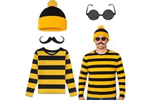 AUSEJOPEAC 4 Pieces Men Halloween Costume Set, Adult Cosplay Costumes Yellow and Black Striped Shirt with Hat and Nerd Glasses