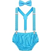 AWAYTR Baby Boys Cake Smash Outfit - First Birthday Party Suspenders Bow Tie Bloomers Set