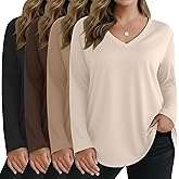 Sweetyweee 4 Pack Women's Plus Size T Shirts Long Sleeve V Neck Tops Basic Loose Fit Curved Hem Tunic Clothes