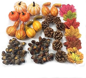 COTOSEY 170 Pcs Artificial Pumpkins Gourds Maple Leaves Acorns Natural Pinecones Ornament Set for Decorating and Designing