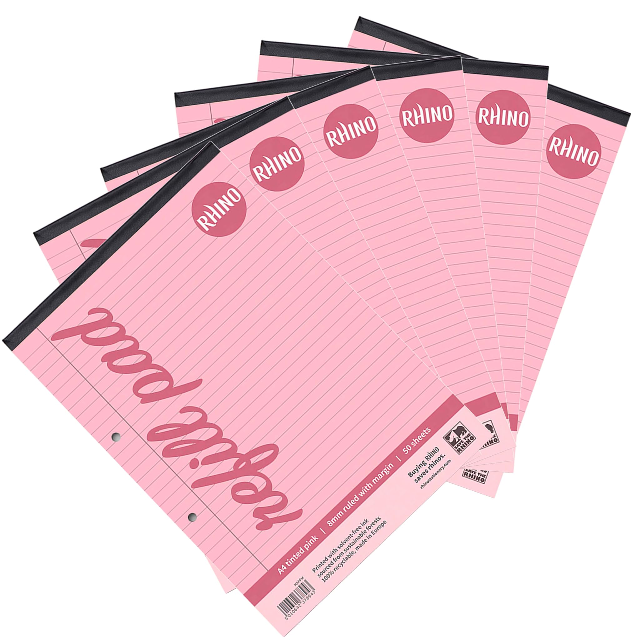 RHINO A4 Refill Pad, Writing Pad, 100-Page / 8mm Lined with Margin, 6-Pack, Pink Lined Writing Paper for Dyslexia & SEN, Office & School Stationery Supplies