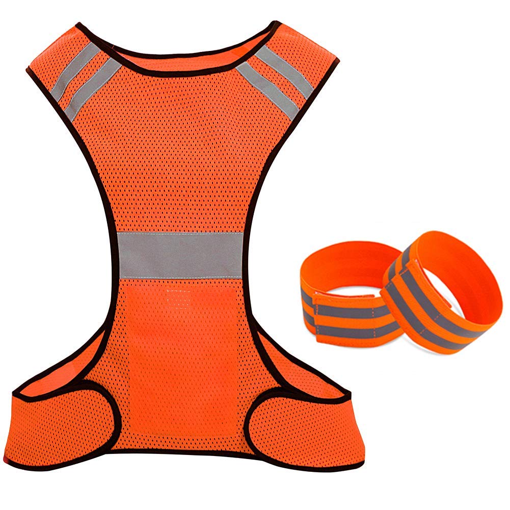 Hi Vis Vest, Reflective Running Vest High Visibility Vest Hi Viz Safety Jackets with 2 Reflective Bands For Running Walking Cycling Jogging,Orange(One Size)