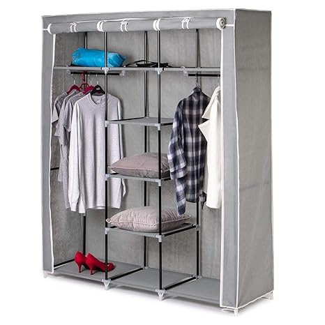 Home Treats Large Grey Canvas Wardrobe Hanging Rail Clothes